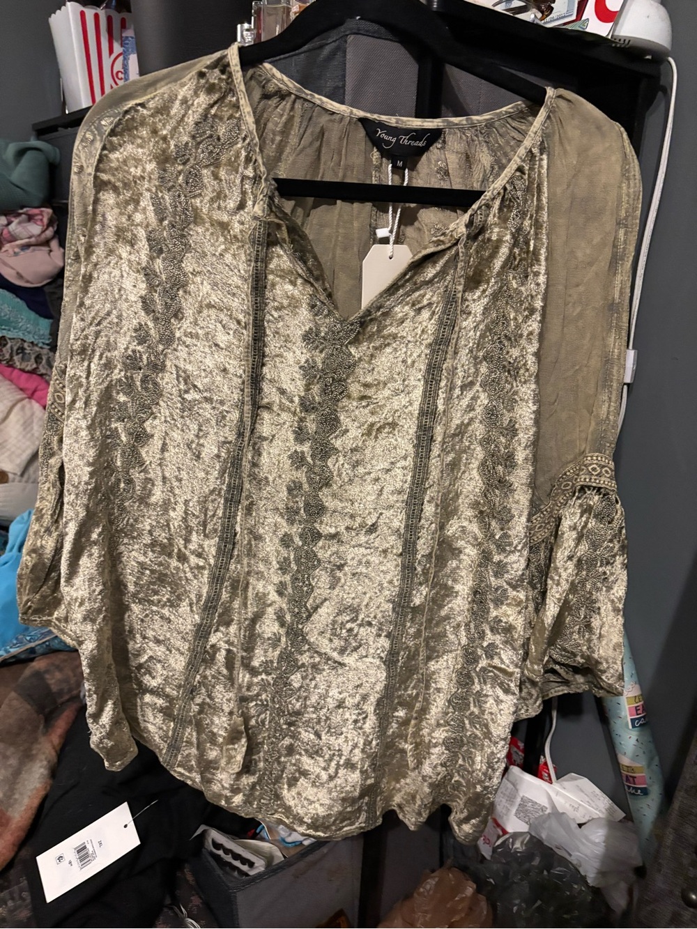 Young Threads Green Velvet Boho Tie-Neck Shirt Medium